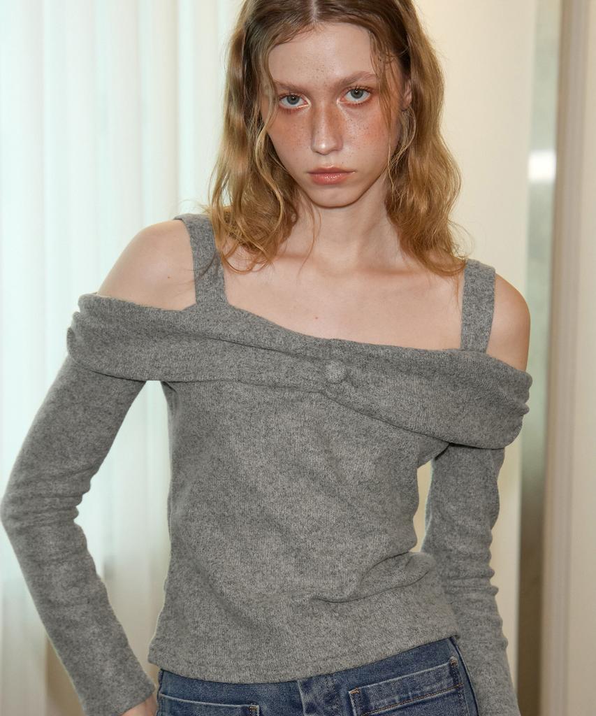 SALON DE YOHN Button Point Off Shoulder T_ Gray