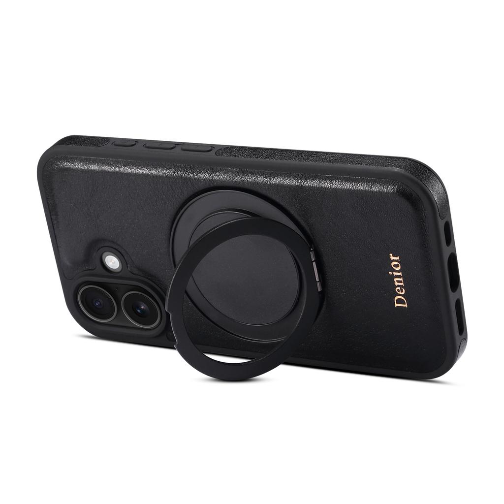 DENIOR For iPhone 16 Case Rotating Magnetic Kickstand Genuine Cow Leather Phone Back Cover