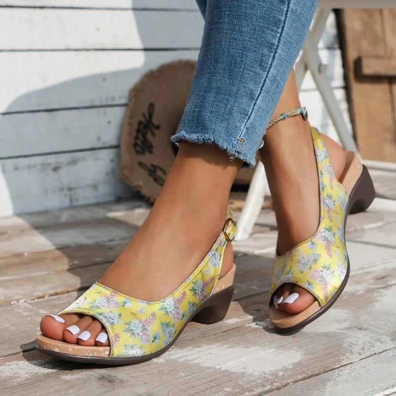 Горячая Распродажа Летняя Женская Обувь Высокого Качества Модные Женские Сандалии На Одной Пуговице С Принтом Открытый Носок Толстый Каблук Римские Туфли