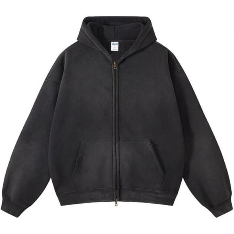 Washed Hoodie Winter Thick Spray Dye Distressed Double Zipper Streetwear Men Women
