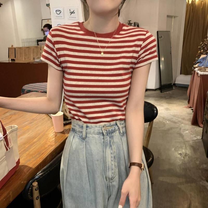 Striped Bottoming Shirt Summer New Design Short-sleeved Women's American Retro Student Slim Top