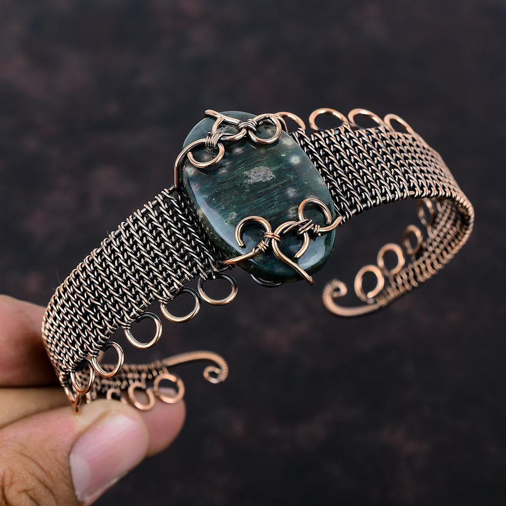 Браслет-манжета из океанической яшмы, браслет-манжета, обмотанный медной проволокой, регулируемый браслет-манжета, браслет из натурального драгоценного камня ручной работы, медные украшения, подарок для него