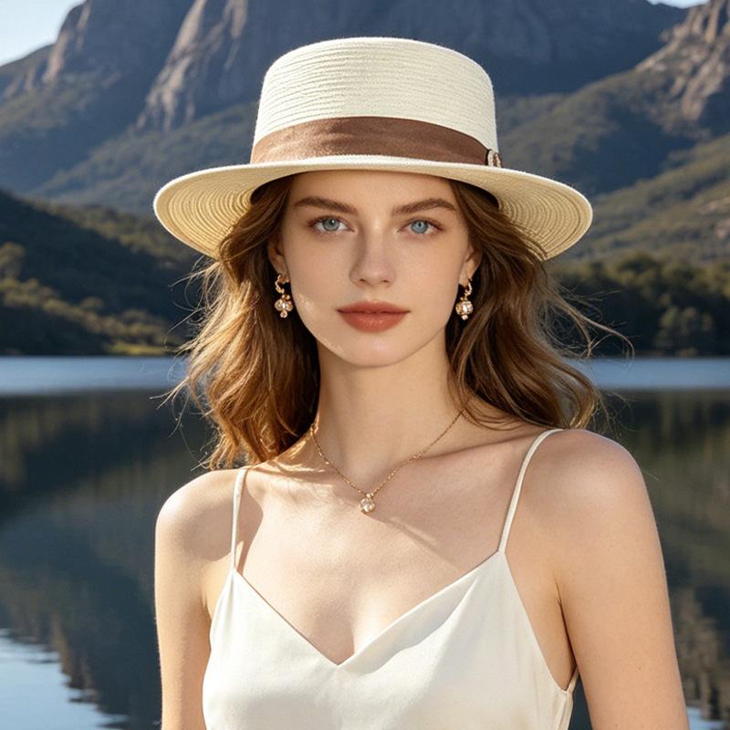 Hat Women's New Summer Flat Top Hat Seaside Sun Hat European and American Sun Hat Beach Sunscreen Hat