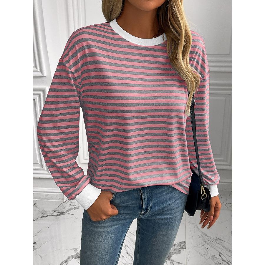 Striped T-Shirts Women’s Loose Long Sleeve Pullover Round Neck T-shirt Top