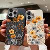 Yellow Flower Print Slim Matte Case For iPhone 16 Pro Max 15 Pro 14 Plus 13 12 11 TPU Leather Texture Shockproof Soft Phone Cover