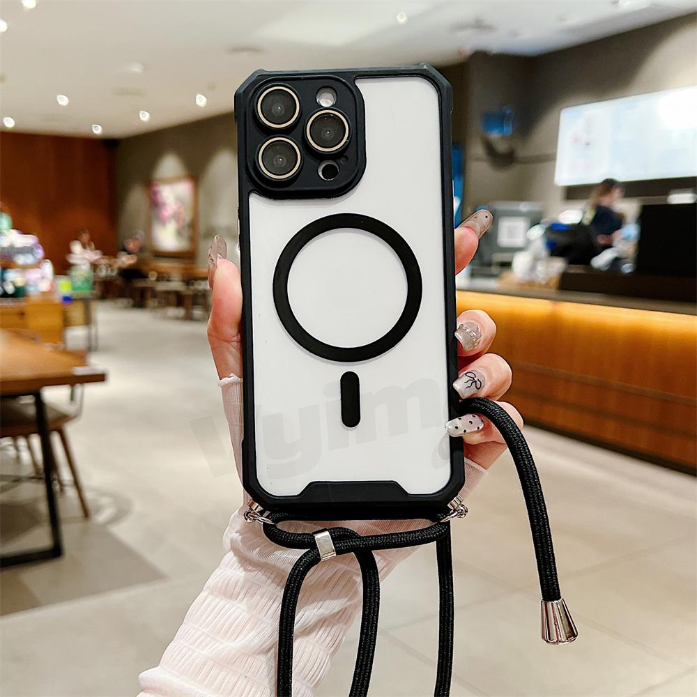 Магнитный прозрачный чехол для iPhone 15 14 13 12 11 Pro Max Plus для Magsafe Crossbody Lanyard Жесткий акриловый чехол