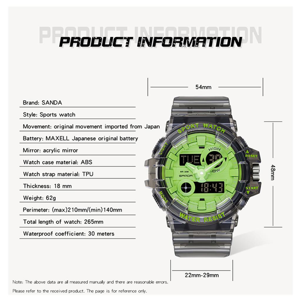 Sanda Новый прозрачный ремешок Многофункциональные простые часы Персонализированные спортивные мужские и женские электронные часы для студентов средней школы