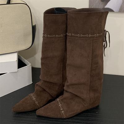 Зимние Панк Винтаж Женские Сапоги до КоленаДизайнерские На шнуровке Острый Носок Высота Клиновидный Каблук Обувь Botas De Mujer