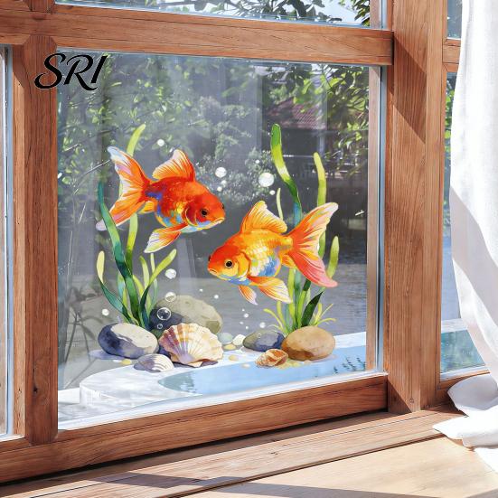 Easy Clean Window Decal Goldfish Sticker Static Cling Waterproof Scratch-resistant Removable for Bathroom Living Room Bedroom Long-lasting