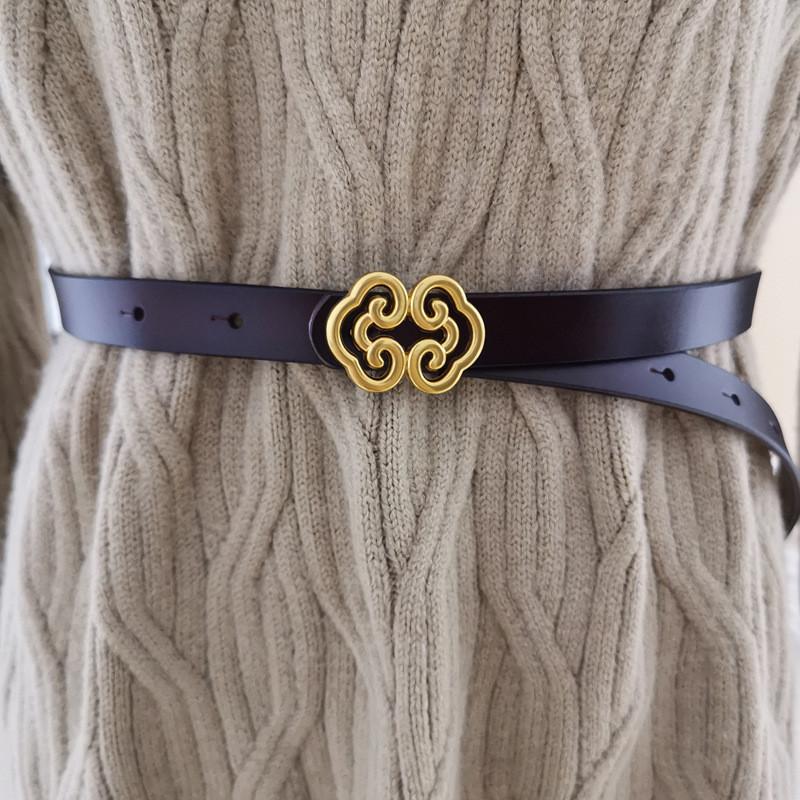 Female Genuine Leather Skinny Belt For Dresses And Tops With Pushbutton Closure For Daily Fashion