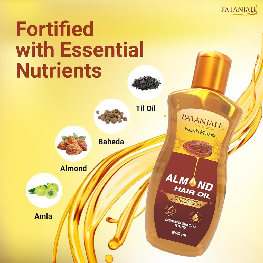 Patanjali Kesh Kanti Almond Hair Oil 200 ml Deep Nourishing Lightweight Hair Care For Smooth Shiny Manageable Hair