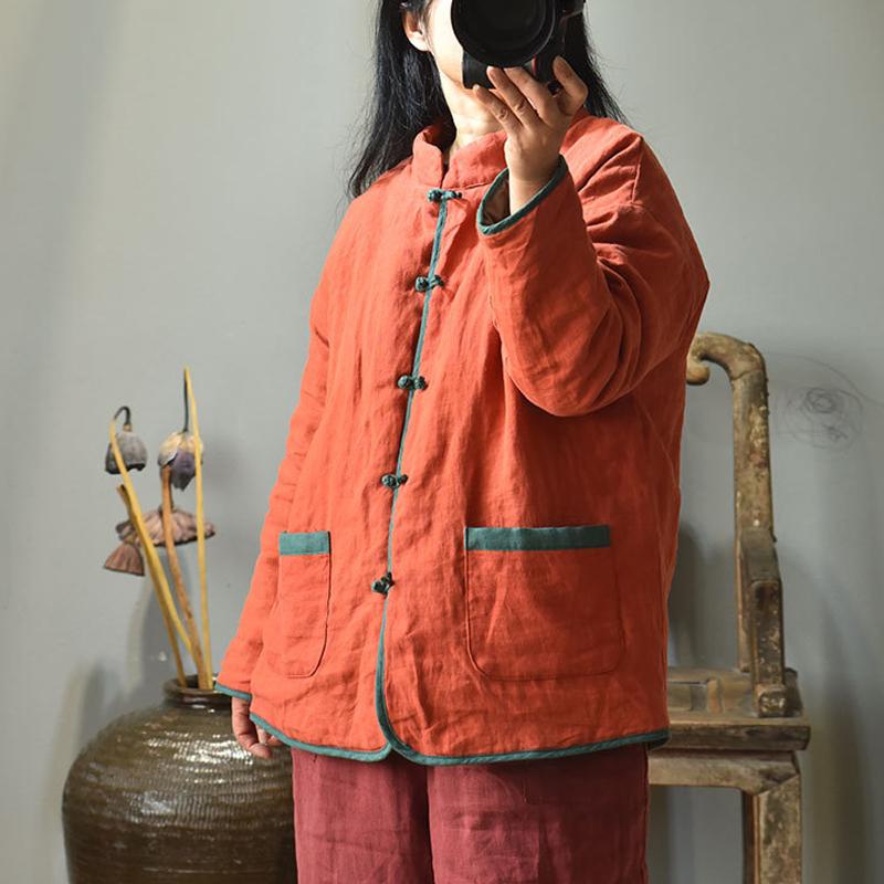 Johnature Women Chinese Style Parkas Cotton Linen Button Stand Long Sleeve Coats Winter Solid Color Warm Loose Parkas