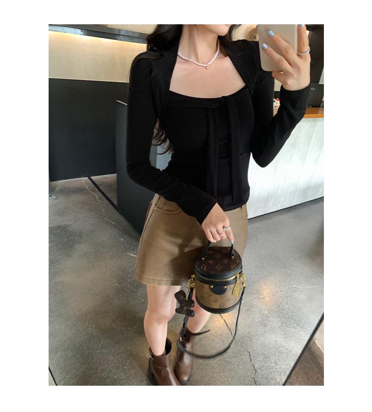 Chic Square Neck Lace-Up Slim Fit Short Top for Women - Autumn/Winter Fashion
