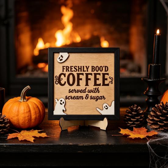 Holiday Atmosphere Home Decor Halloween Wooden Coffee Photo Frame, Retro Distressed Sign for Decorative Holder Countertop Decor, Rustic Autumn