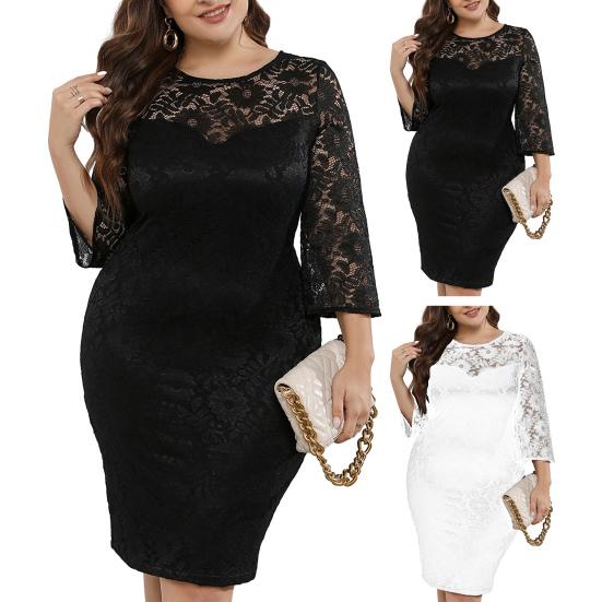 Women Prom Dress See-through Cutout Lace Flower Embroidery Three Quarter Sleeve Sheath Patchwork Slim Fit Plus Size Knee Length Midi Dress