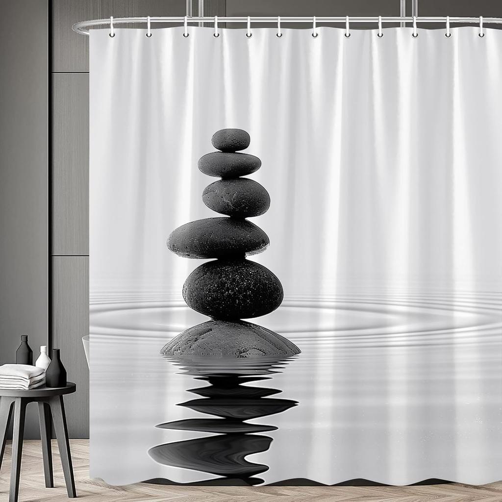 Zen Stone Water Reflection Shower Curtain Waterproof Easy To Clean Privacy Protection Print Minimalist Design Spa Bathroomdecor