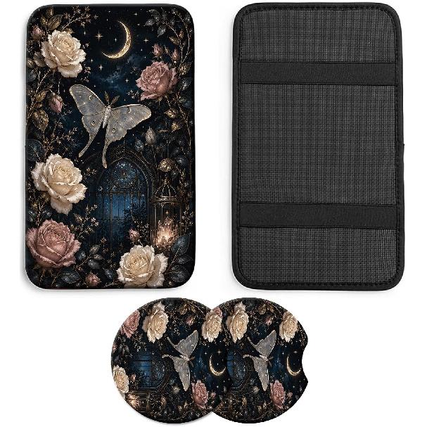 Wildflowers Car Armrest Cover with 2 Coasters | 3-piece 5 mm neoprene set with one 12.6 x 7.5 in console cushion and two 2.75 in matching cup holder