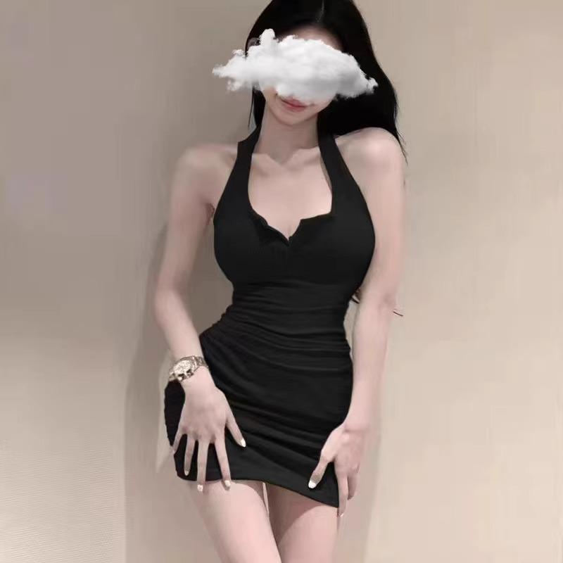 Sexy lingerie neck halter vest dress temperament waist fold tight hip skirt pure lust