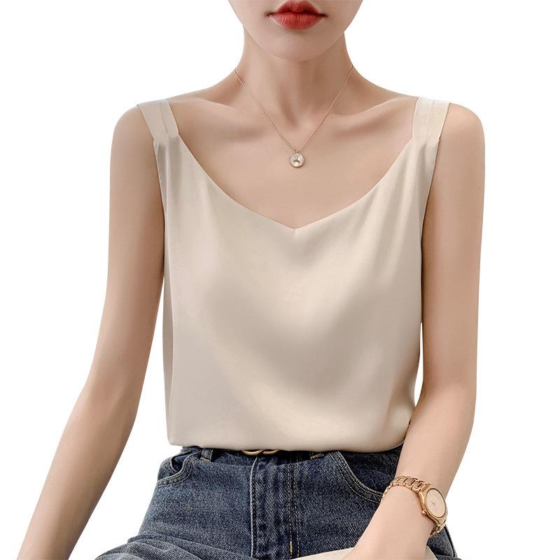 Весенне-летний шелковый жилет-бретелька для женщин, тонкие короткие топы с v-образным вырезом и внутренней отделкой