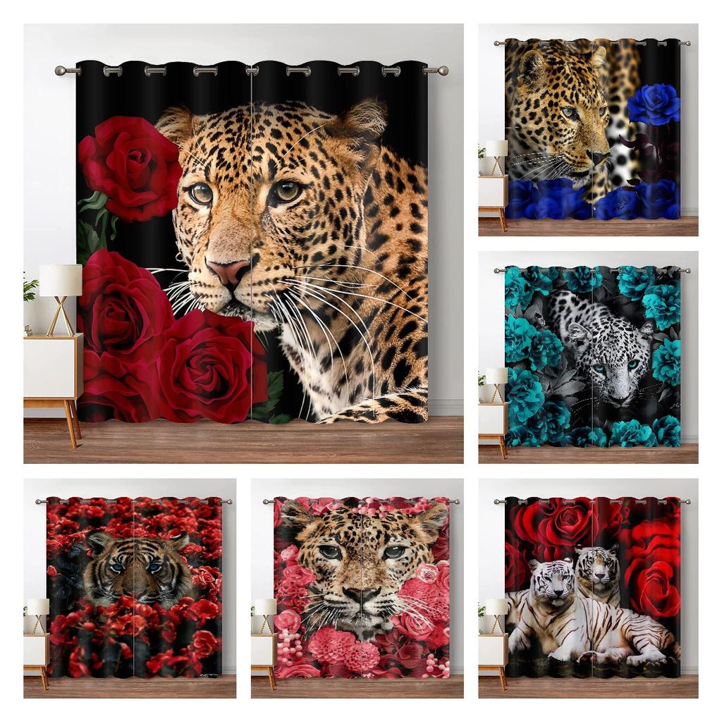 Leopard Flower Window Curtain Living Room Tiger Block Out Curtains For Bedroom Dorm Wild Lion Rose Aesthetic Home Decor 2 Panels