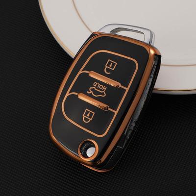 Премиальный чехол для ключа Hyundai: Mistra, Elantra, ix35, Santa Fe, ix25 - Защитный чехол с полной оберткой с золотой окантовкой.
