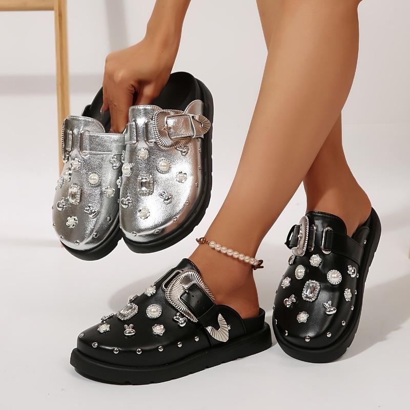 Women's Retro British-Inspired Platform Mules with Rivet Details - Slip-On, Round Toe, Faux Cover Casual Shoes