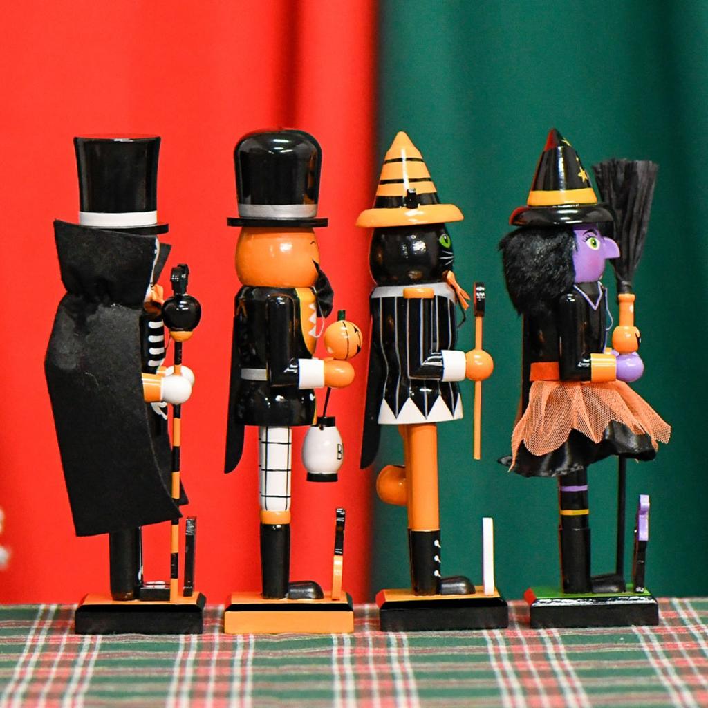 Halloween Nutcracker Party Wooden Skeleton Pumpkin Witch Black Cat Nutcracker Figures Decor for Holiday Tables Desktop Fireplace