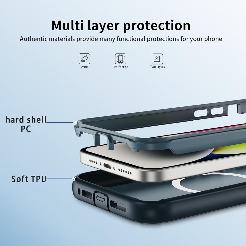 For iPhone 14/13 Case Compatible with MagSafe Lens Frame Kickstand TPU + PC Shockproof Phone Cover