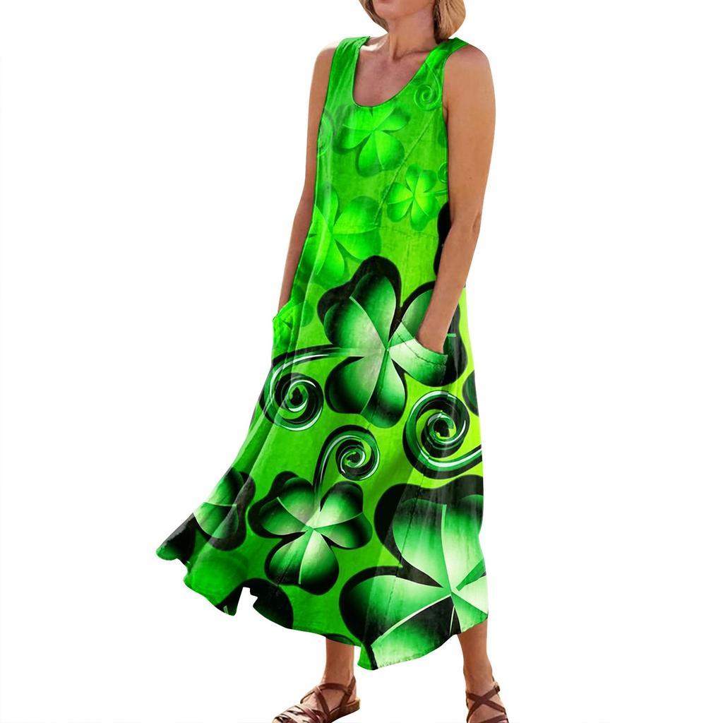 Women's Casual Comfort St. Patrick's Day Printed Sleeveless Pocket Dress