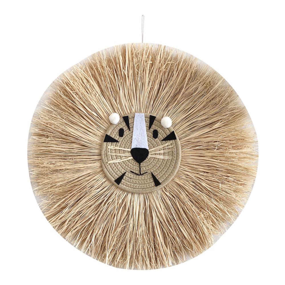Hand-woven Cartoon Lion Tiger Straw Wall Hanging Craft Cotton Thread Weaving Tapestry Decor