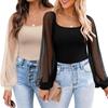 Women's See-through Lantern Sleeves Tops Splicing Slim Tops