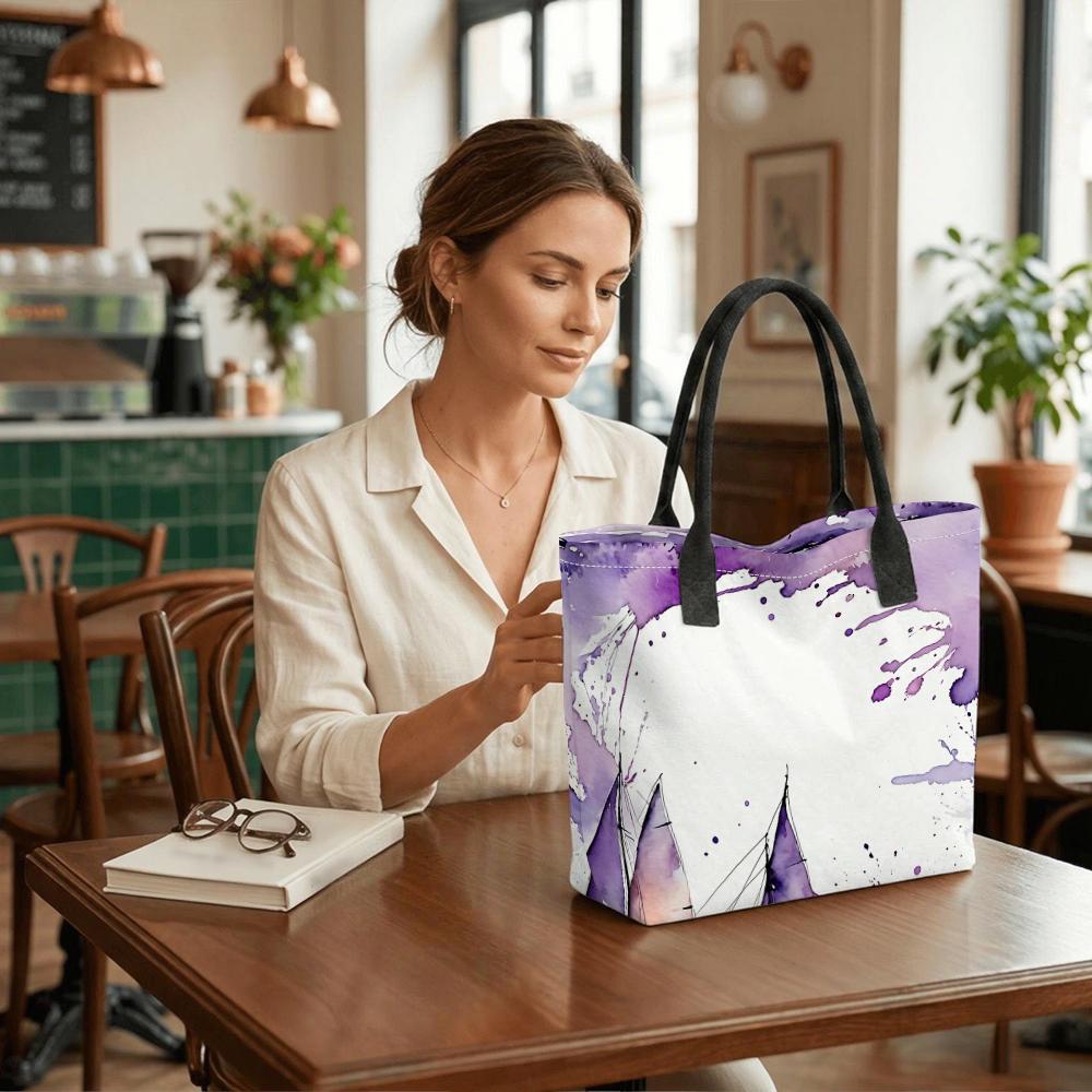 Purple Watercolor Sailboat Pattern Tote Bag Large Capacity Casual Shoulder Handbag for Daily Use