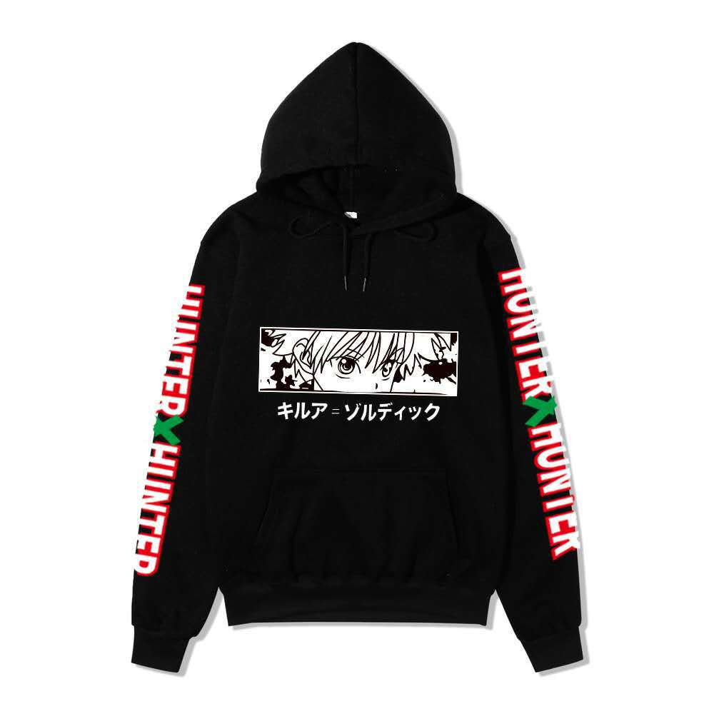 Hunter X Hunter Killua Anime Hoodie Sleeve Letter Print Black Manga Long Sleeve Casual Hooded Pullover Sweatshirt