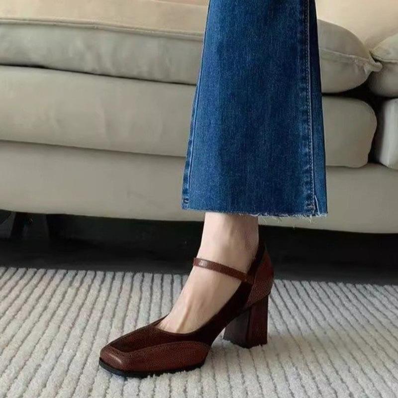 2025 Новая Мода Французский Стиль Женские Черные Туфли-Лодочки с Квадратным Носком на Массивном Каблуке и Толстой Подошве, С Пряжкой, Слипоны, Винтажные Сандалии для Леди