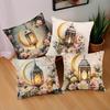 Ramadan Cushion Covers Lantern Floral Designs with Green Plants Printed Square Pillowcase Zipper Closure for Living Room Decor