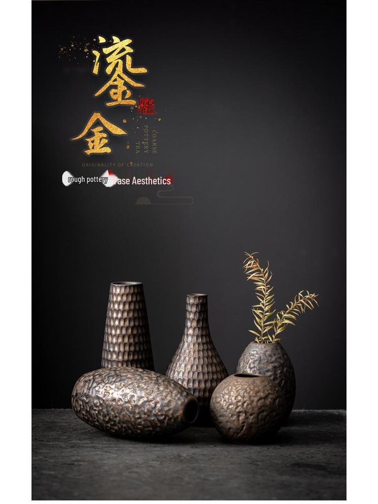 Gilt Zen Retro Pottery Vase for Dried Flower Arrangements - Small Ceramic Ornament