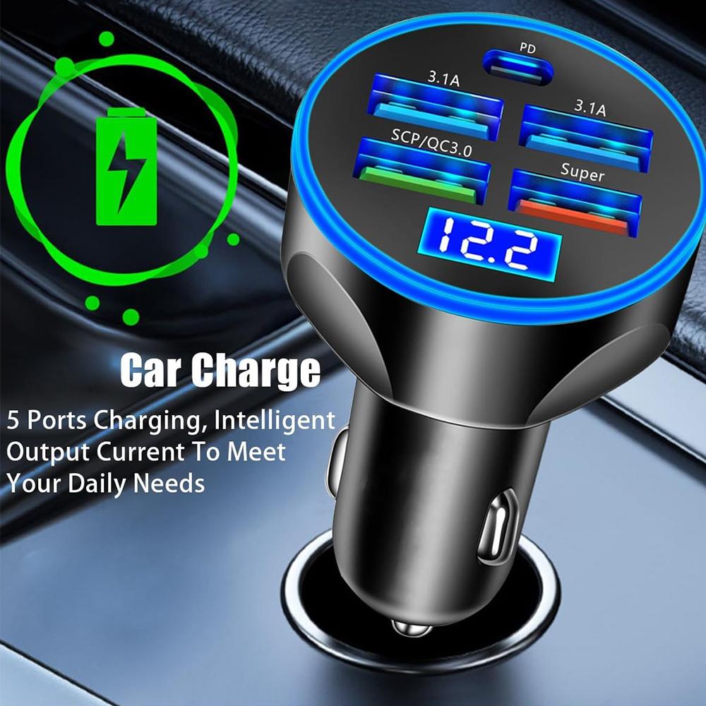 250 Вт, 5 портов USB C, автомобильное зарядное устройство, быстрая зарядка, автомобильный адаптер для телефона в машине с индикатором напряжения, для iPhone Samsung Huawei Xiaomi