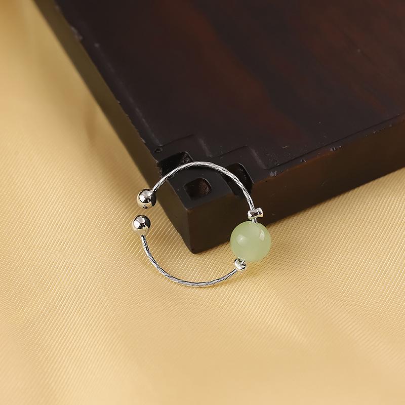 Hetian Jade Ring Temperament Guochao Passepartout Ring Simple, Fresh And Elegant Small Family Jasper Round Bead Open Ring