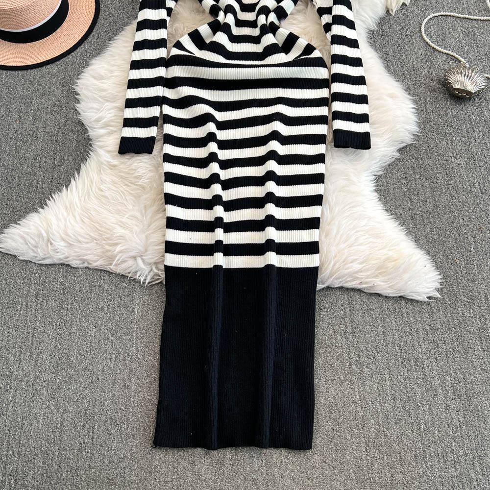 Платье-футляр с открытыми плечами Falda Sexy Mujer Slash Neck Striped Color Block Slim Knitted Bodycon Dress Autumn Wrapped Dresses ChicDresses