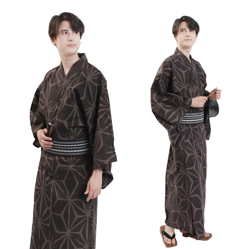 Fuuka Yukata and Obi Set Size Hemp Leaf Pattern Size Z33002X Men's (2 Pieces), LL, Brown, (Obi/Black, B43)