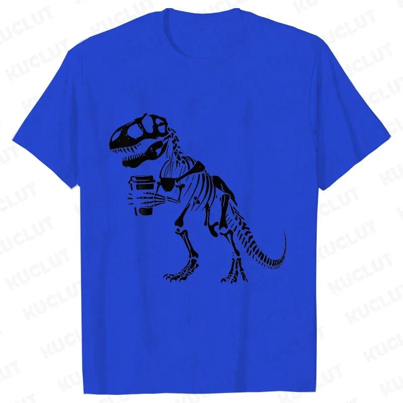 Men's skeleton dinosaur holding coffee, funny pattern printed 100% pure cotton T-shirt, short-sleeved Halloween costume