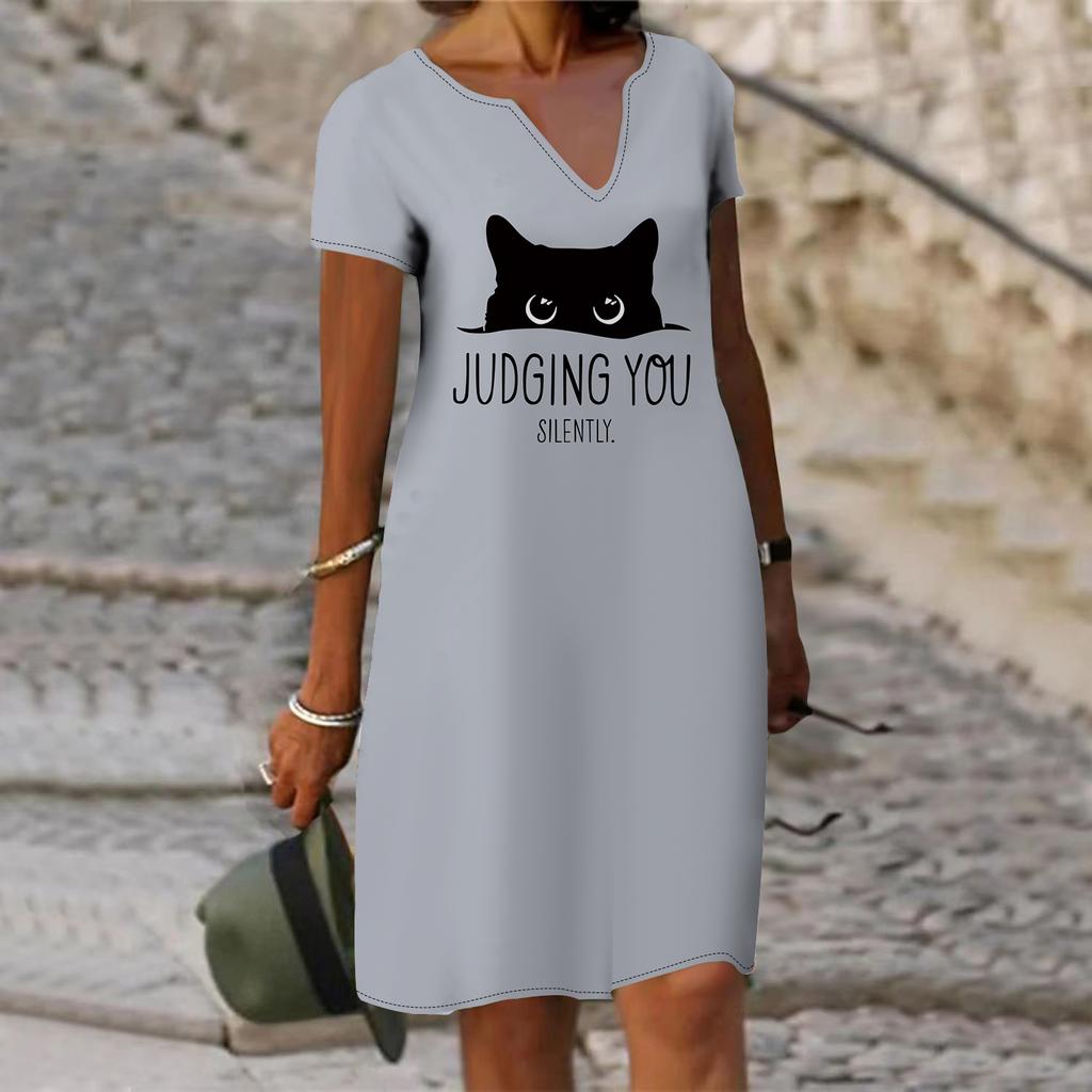 Летнее модное платье с v-образным вырезом, женское платье с короткими рукавами и принтом кошек, свободное повседневное платье для женщин