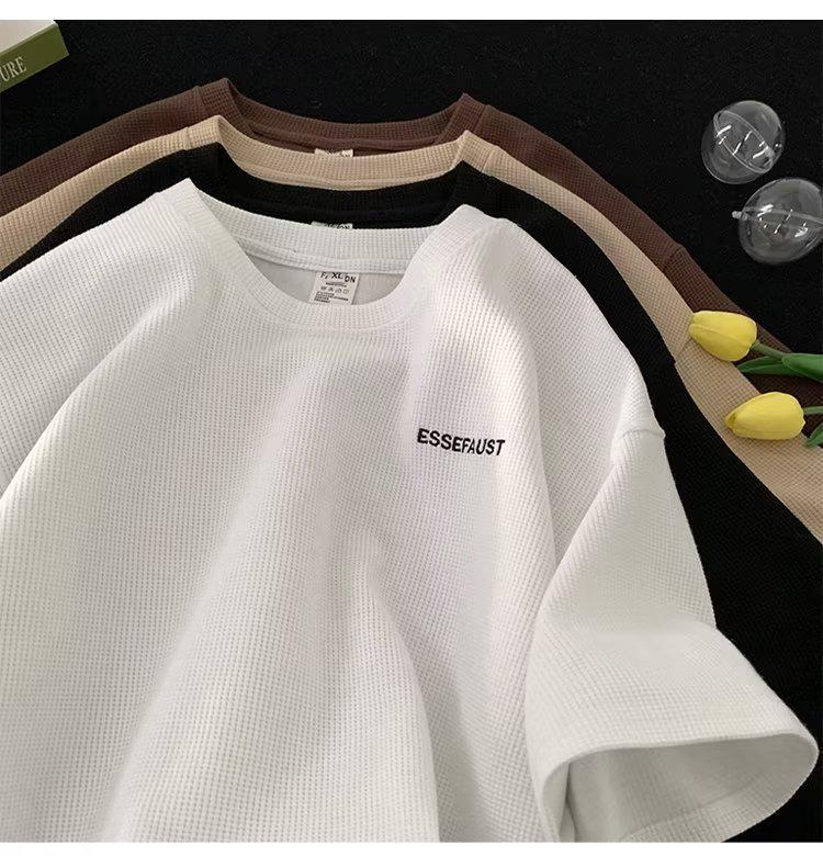 Мужская японская трендовая вафельная футболка с коротким рукавом, свободного кроя, в стиле кэжуал