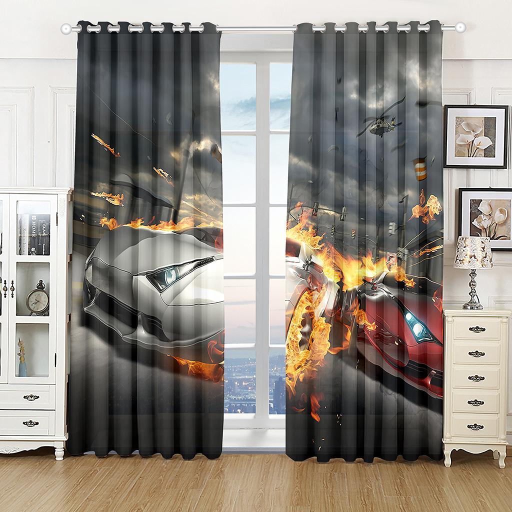 3D Sports Racing Car Printed Window Curtains for Boys Men Adults Scenery Living Room Bedroom Kitchen Semi-Blackout Curtain Drape