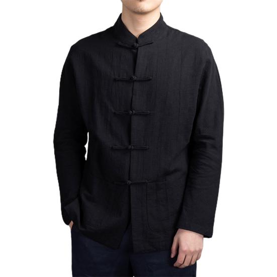 Men Autumn Chinese Style Shirt Top Mandarin Collar Long Sleeve Pockets Disc Button Traditional Kung Fu Tai Chi Shirt Tang Tops Uniform