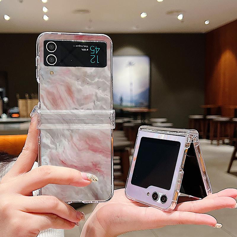 Ink Marble Pattern Clear Phone Case For Samsung Galaxy Z Flip5 Flip7 Flip6 Folding Hard Cover For Samsung Z Flip 7 6 5 4 3 5G