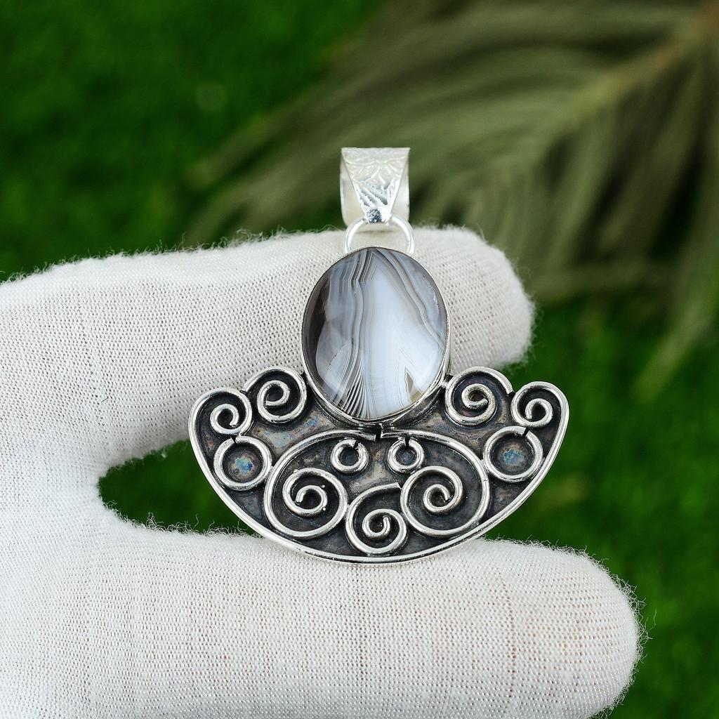 Mothers day Deal Oval Botswana Agate Stone 925 Silver Elegant Pendant Jewelry
