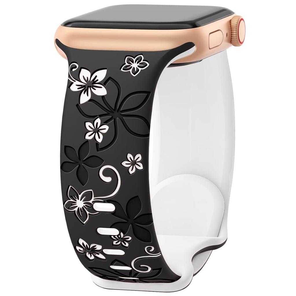 For Apple Watch 10 42mm/9 8 7 41mm/SE (2023) SE (2022) SE 6 5 4 40mm/3 2 1 38mm Silicone Flower Pattern Band