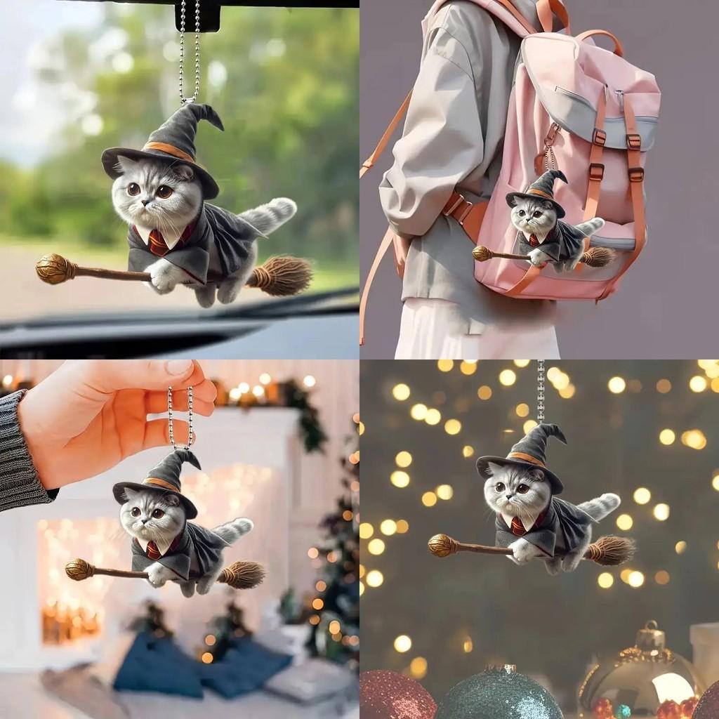 Minimalist Acrylic Flat Surface Car Charm With Magical Cat Riding Broom Design For Auto Interior Decoration