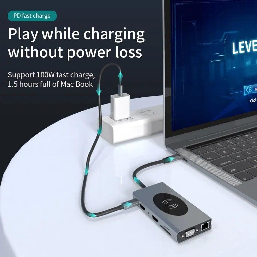 14 в 1 USB Type C HUB Беспроводная зарядка USB 3.0 RJ45 PD-совместимый с HDMI адаптер Док-станция для ноутбука Macbook Pro